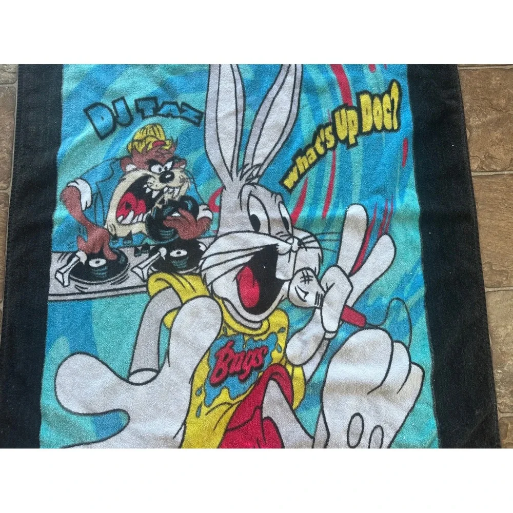 Vintage Looney Tunes Beach Towel Bugs Bunny DJ Taz Hip Hop Rapper 90s Black Blue